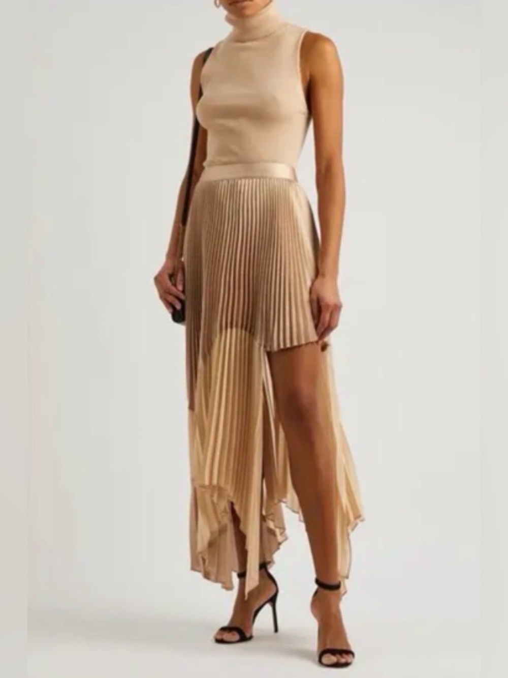Alice + Olivia Fraley Pleated Chiffon Satin Midi Skirt Tan Size 4